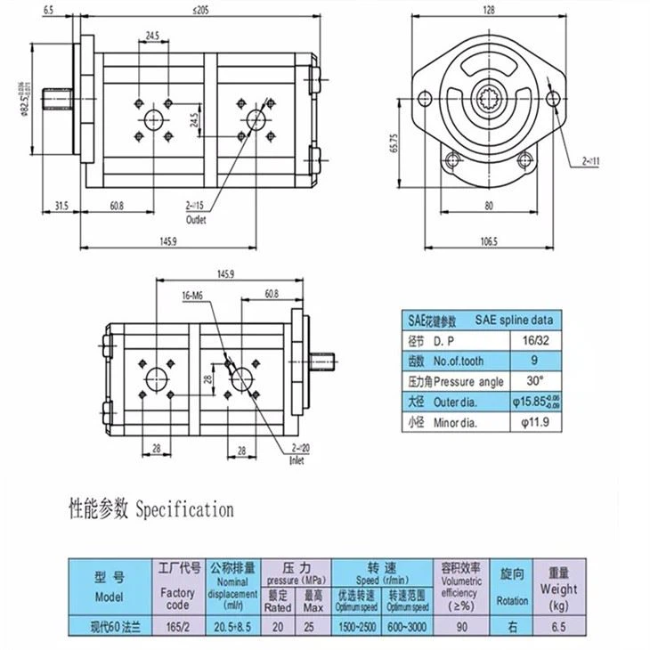 Excavator Accessories Hyundai 60 Flange Gear Pump Hydraulic Multiple Modules